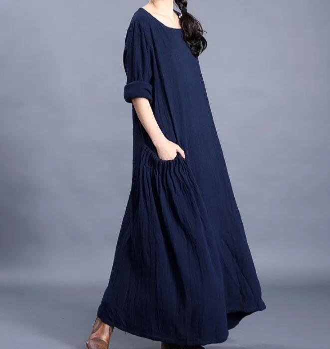 Navy  O Neck Pleated Side Pockets Long Sleeve Print Linen Women Maxi Dresses  LVSG200122