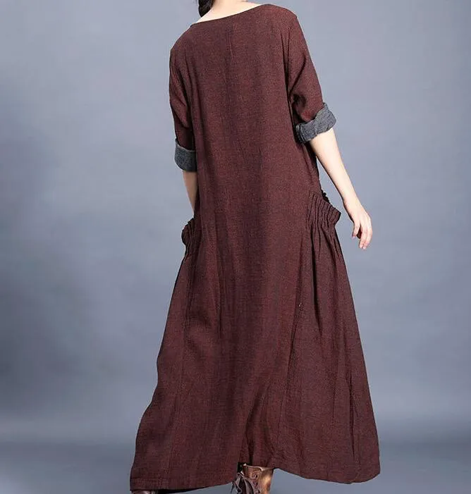 O Neck Pleated Side Pockets Long Sleeve Print Linen Women Maxi Dresses /0122