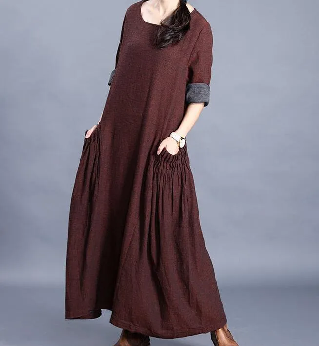 O Neck Pleated Side Pockets Long Sleeve Print Linen Women Maxi Dresses /0122