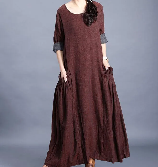 O Neck Pleated Side Pockets Long Sleeve Print Linen Women Maxi Dresses /0122