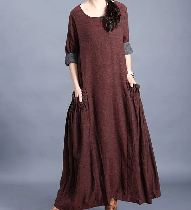 O Neck Pleated Side Pockets Long Sleeve Print Linen Women Maxi Dresses /0122