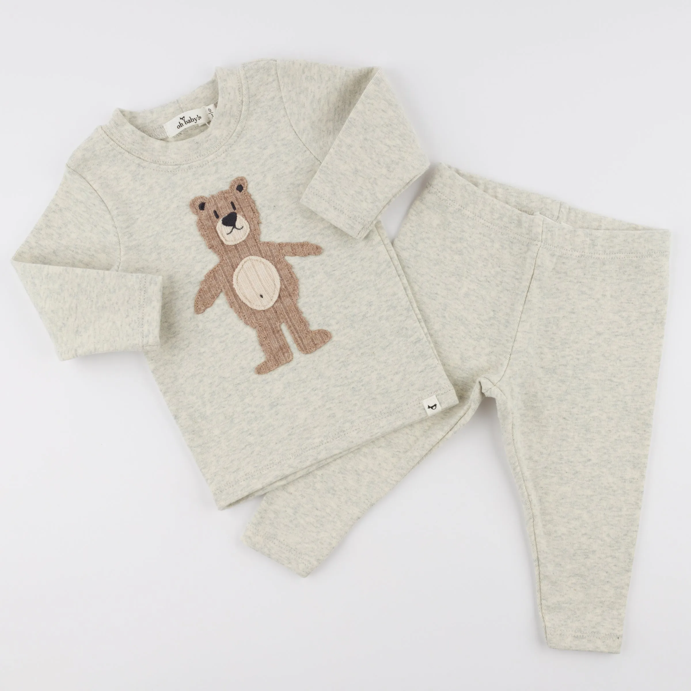 oh baby! Two Piece Set - Shaggy Bear Applique - Oatmeal Heather