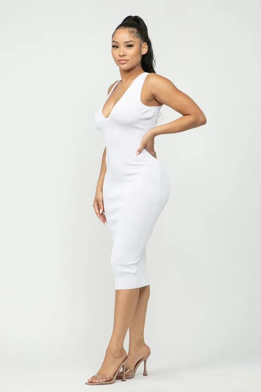 Olivia V-Cut Racerback Midi Dress (White)