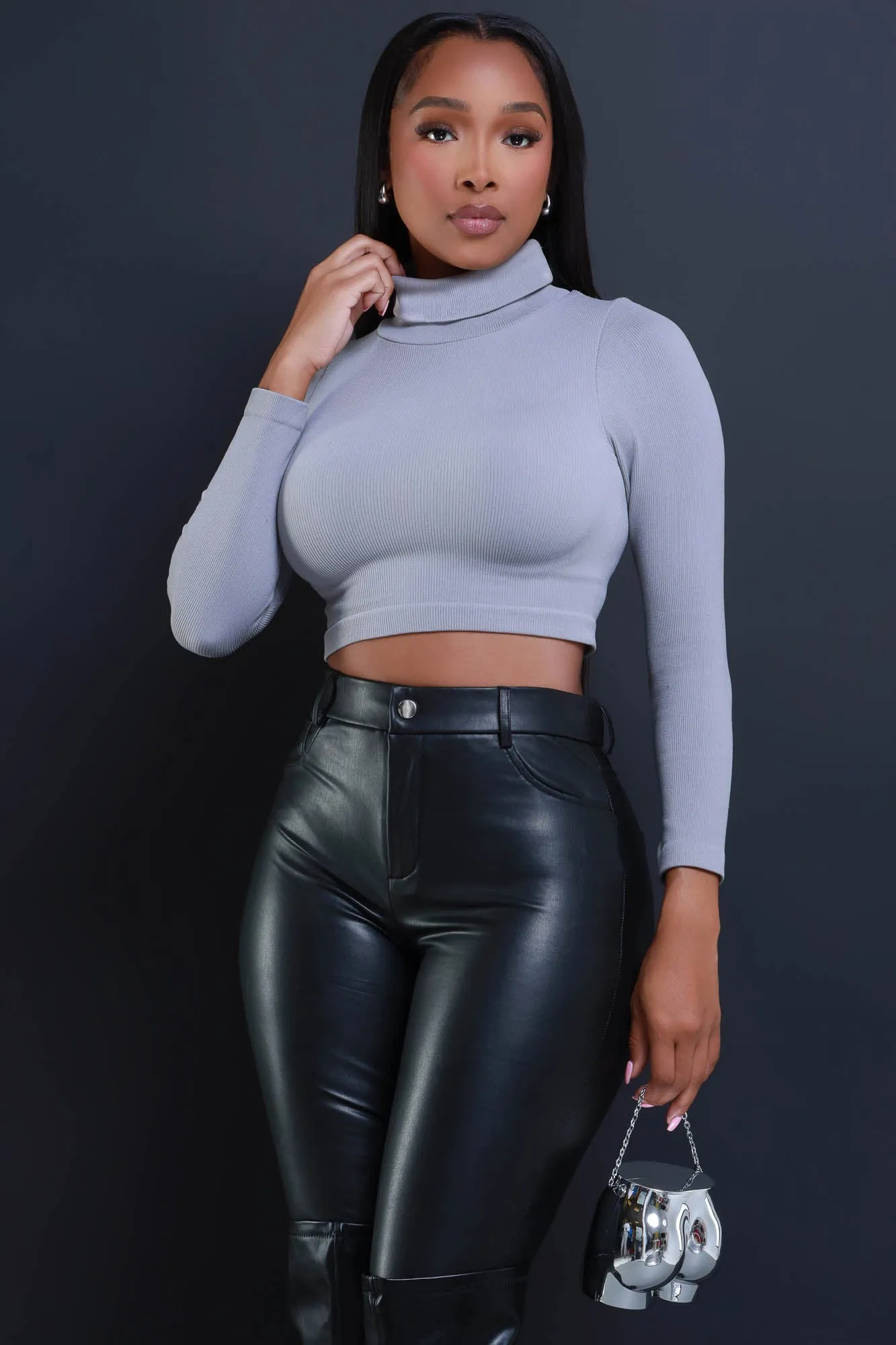 On Call Ribbed Turtleneck Crop Top - Grey