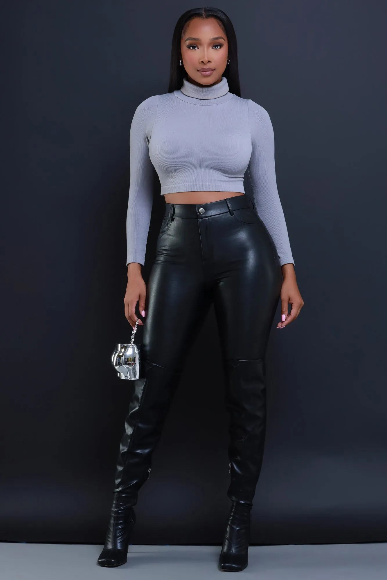 On Call Ribbed Turtleneck Crop Top - Grey