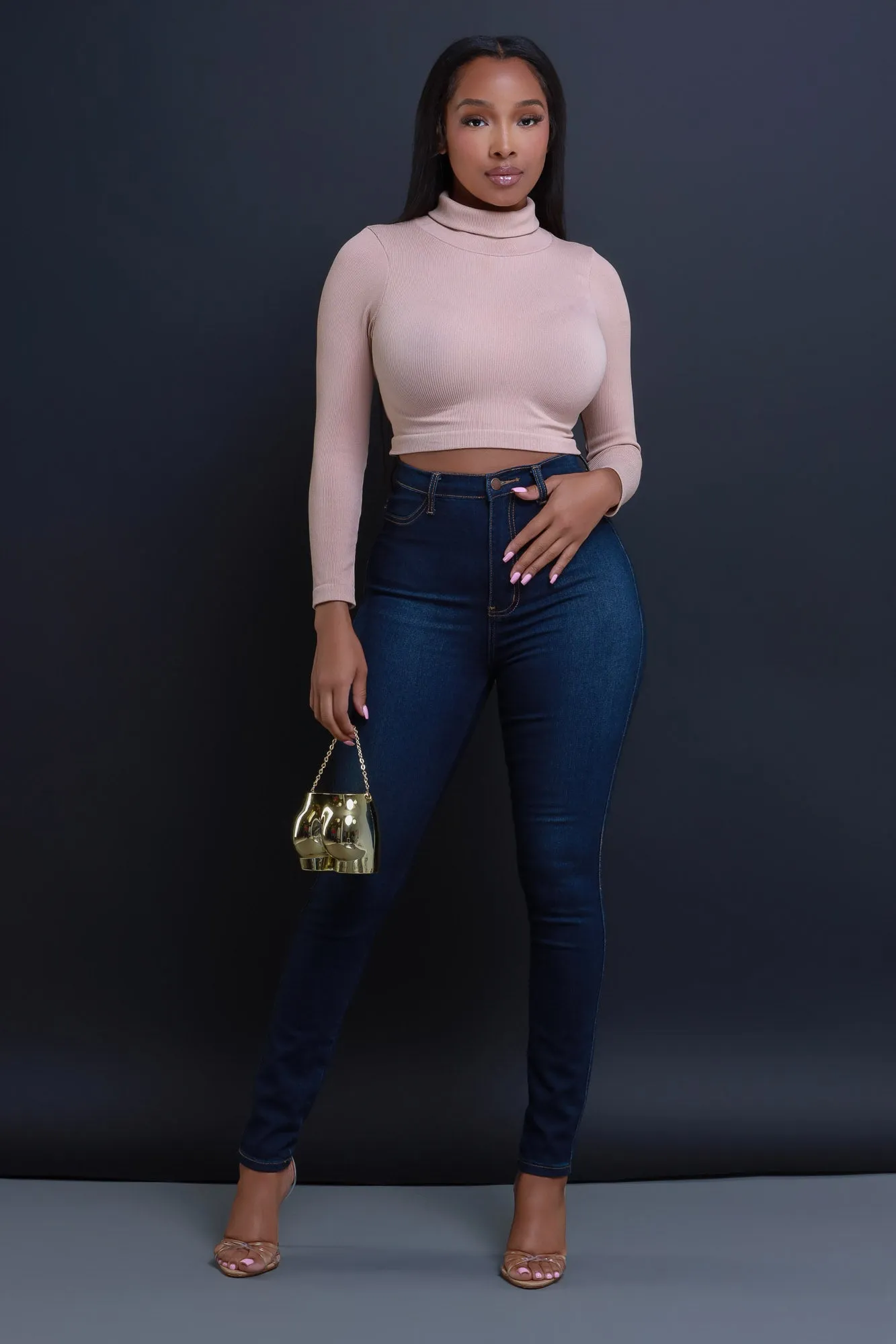 On Call Ribbed Turtleneck Crop Top - Nude