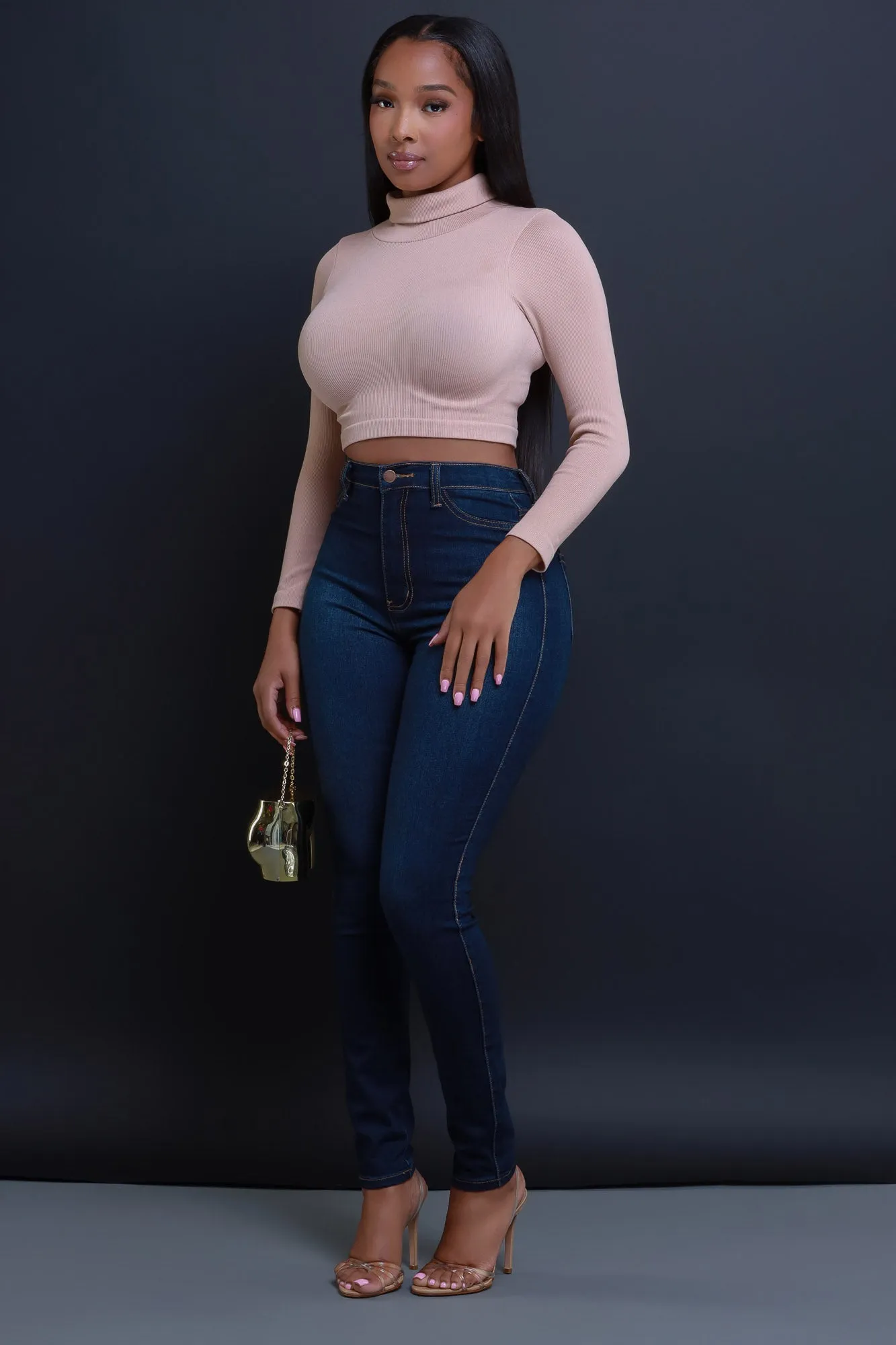 On Call Ribbed Turtleneck Crop Top - Nude