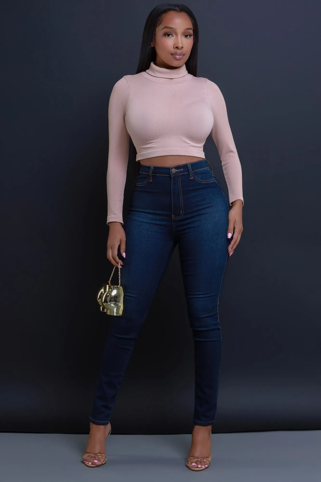 On Call Ribbed Turtleneck Crop Top - Nude