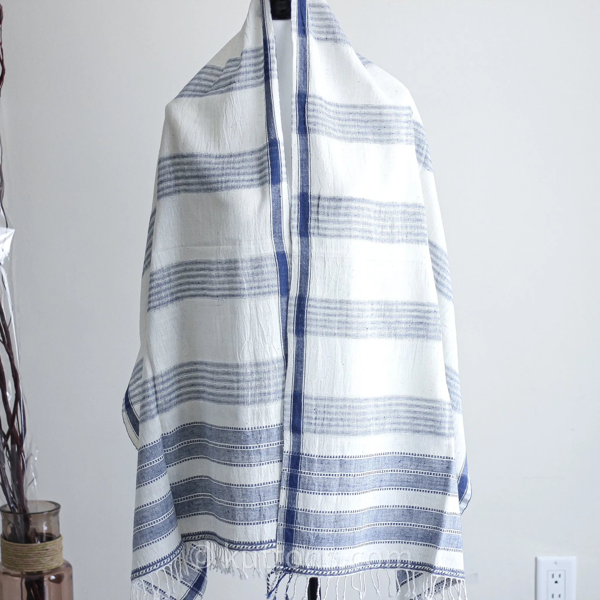 Organic Cotton Wrap with Tassels - Handwoven Genetically Pure Organic Kala Cotton Scarf | White, 23"x76" (multiple designs)