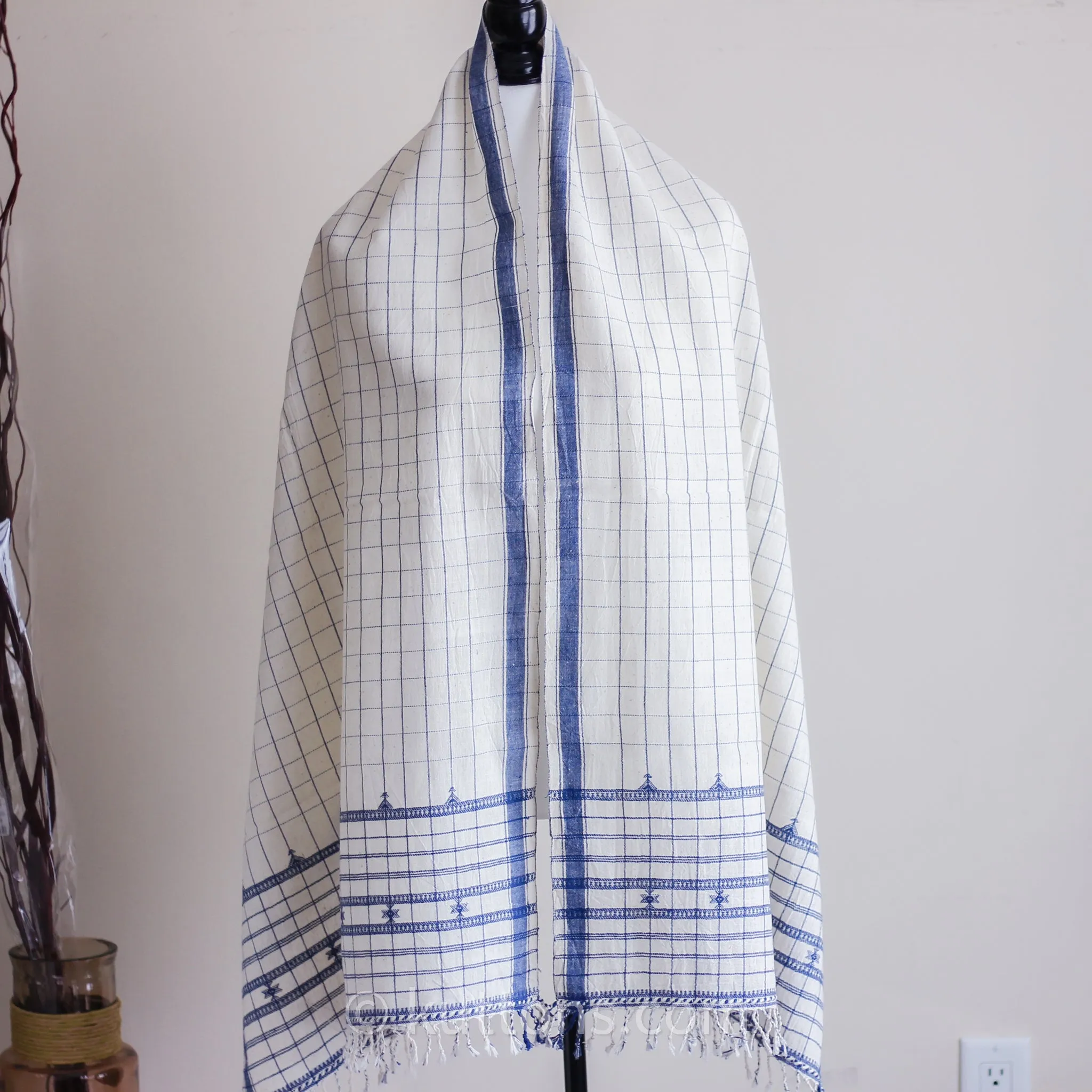 Organic Cotton Wrap with Tassels - Handwoven Genetically Pure Organic Kala Cotton Scarf | White, 23"x76" (multiple designs)