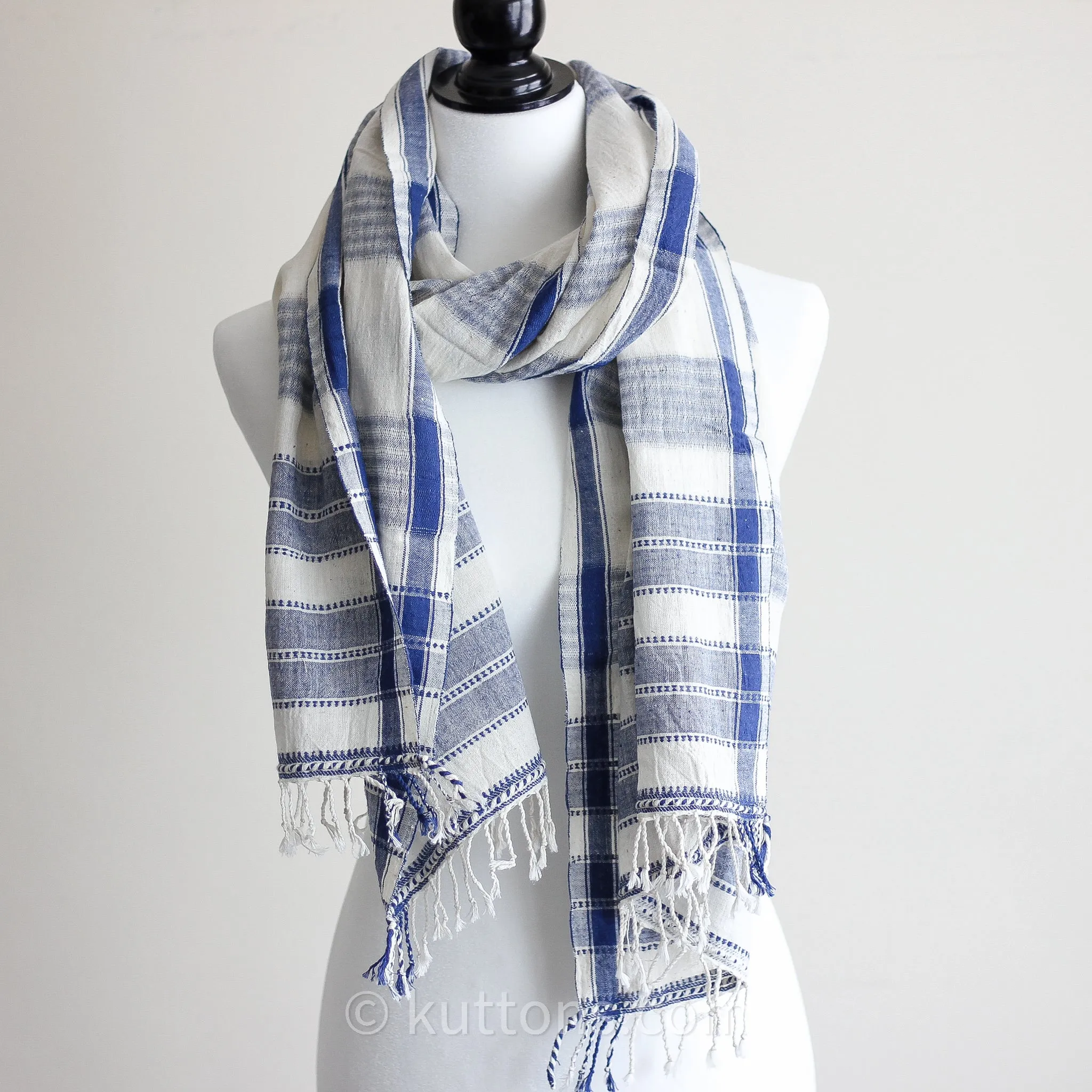 Organic Cotton Wrap with Tassels - Handwoven Genetically Pure Organic Kala Cotton Scarf | White, 23"x76" (multiple designs)