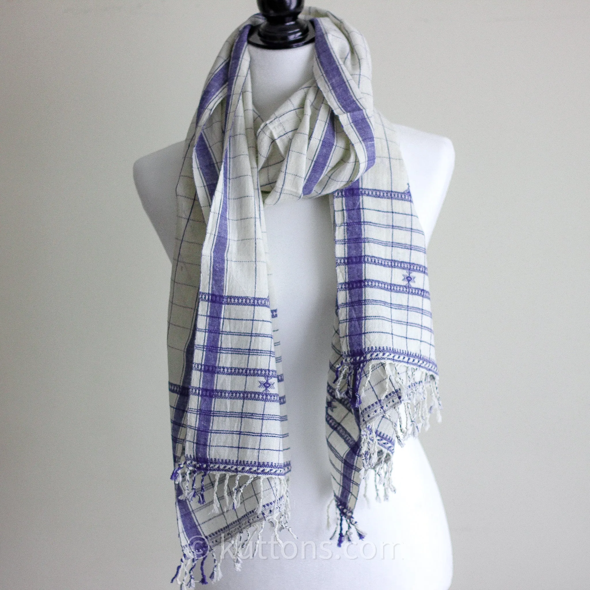 Organic Cotton Wrap with Tassels - Handwoven Genetically Pure Organic Kala Cotton Scarf | White, 23"x76" (multiple designs)