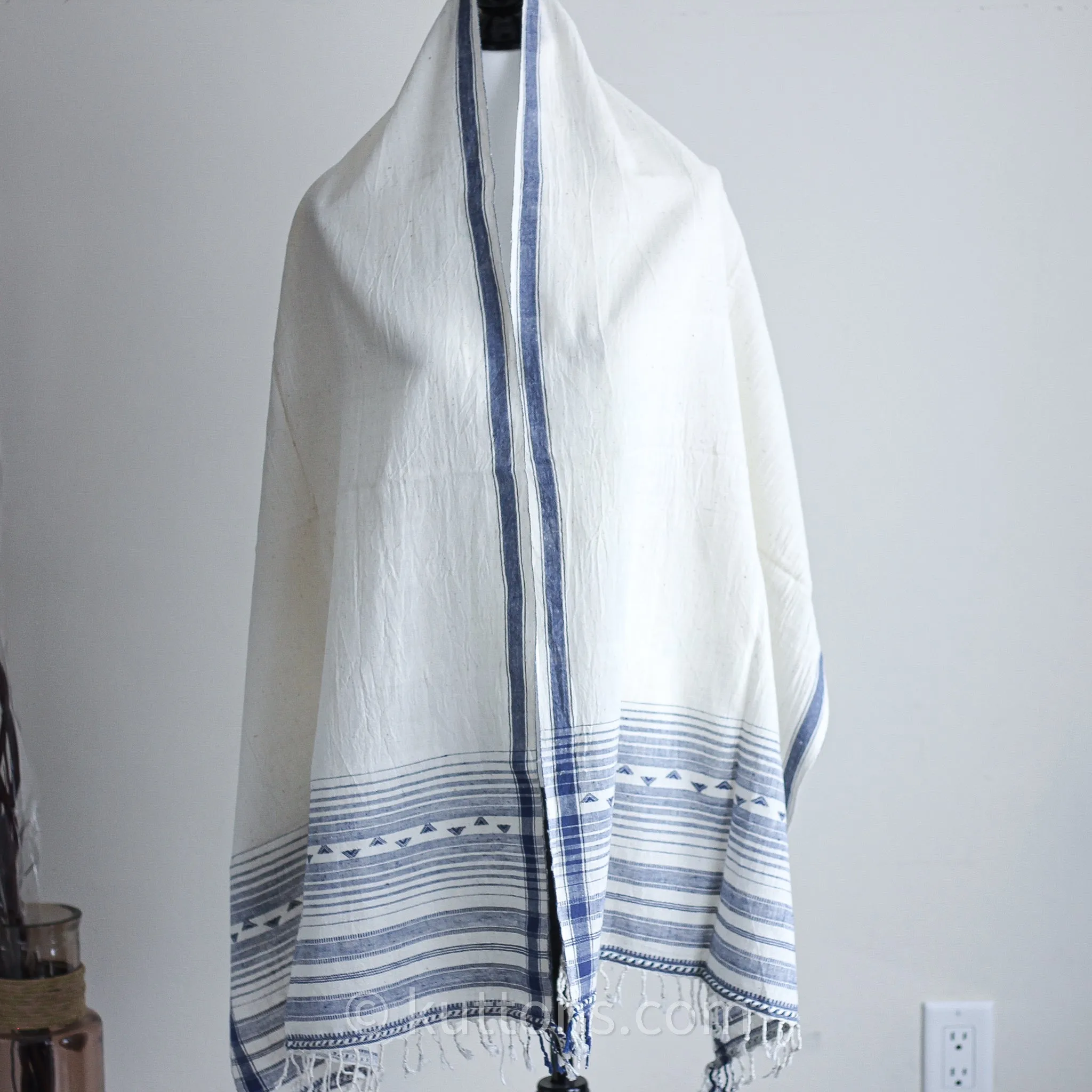 Organic Cotton Wrap with Tassels - Handwoven Genetically Pure Organic Kala Cotton Scarf | White, 23"x76" (multiple designs)