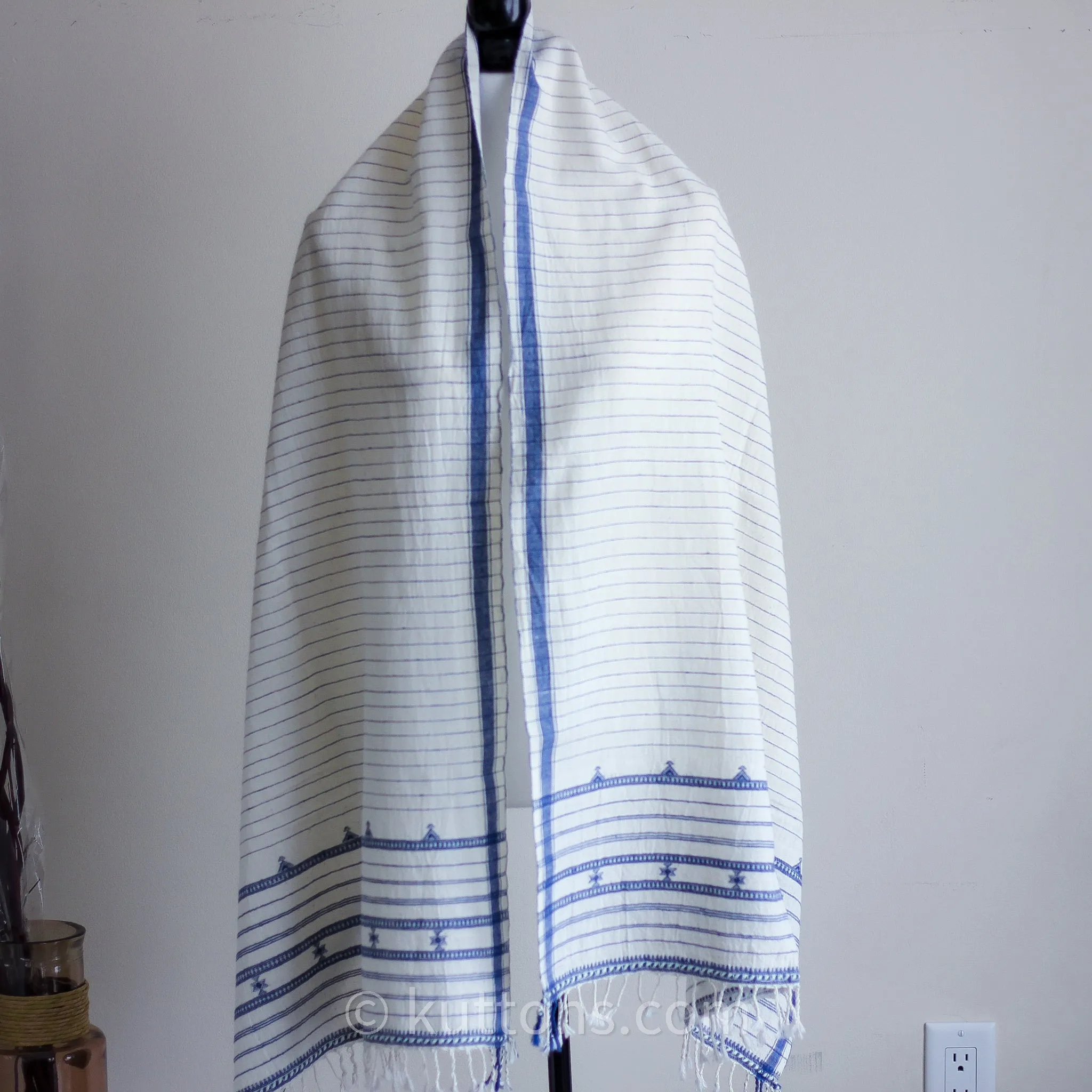 Organic Cotton Wrap with Tassels - Handwoven Genetically Pure Organic Kala Cotton Scarf | White, 23"x76" (multiple designs)