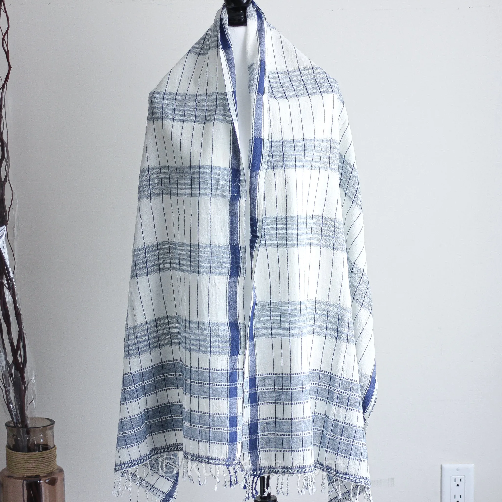 Organic Cotton Wrap with Tassels - Handwoven Genetically Pure Organic Kala Cotton Scarf | White, 23"x76" (multiple designs)