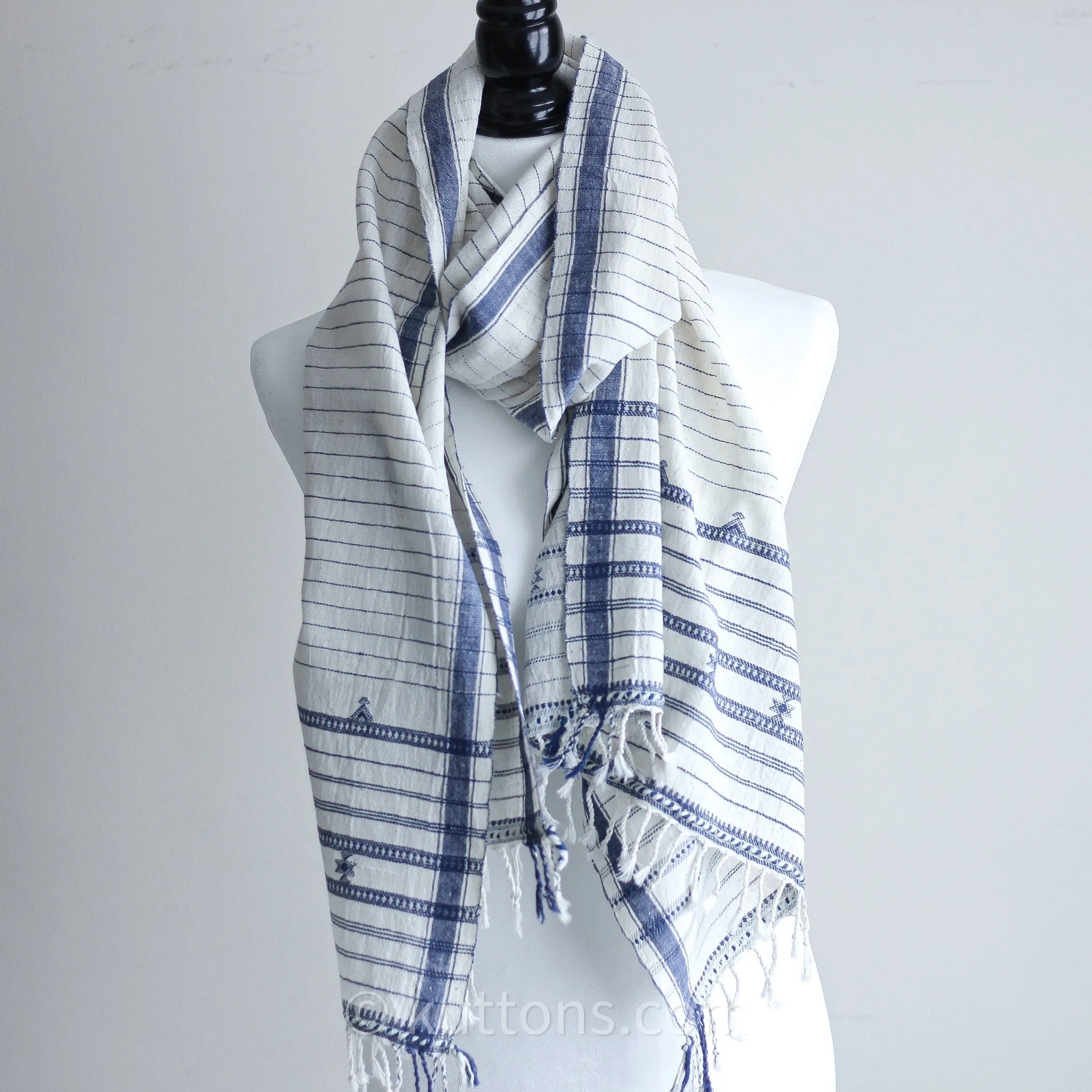 Organic Cotton Wrap with Tassels - Handwoven Genetically Pure Organic Kala Cotton Scarf | White, 23"x76" (multiple designs)