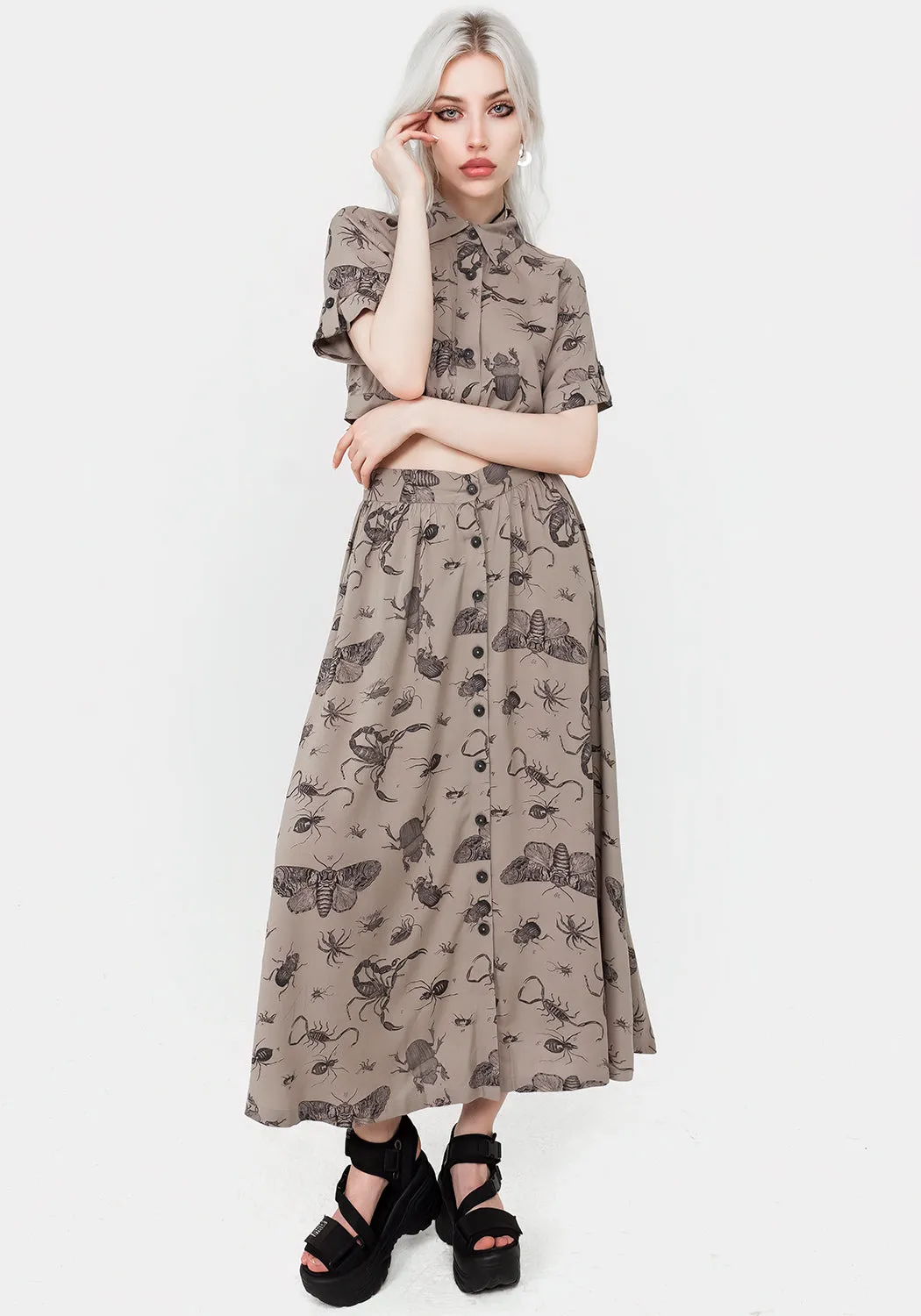 Parasite Bugs Print Button Down Midi Skirt - Taupe