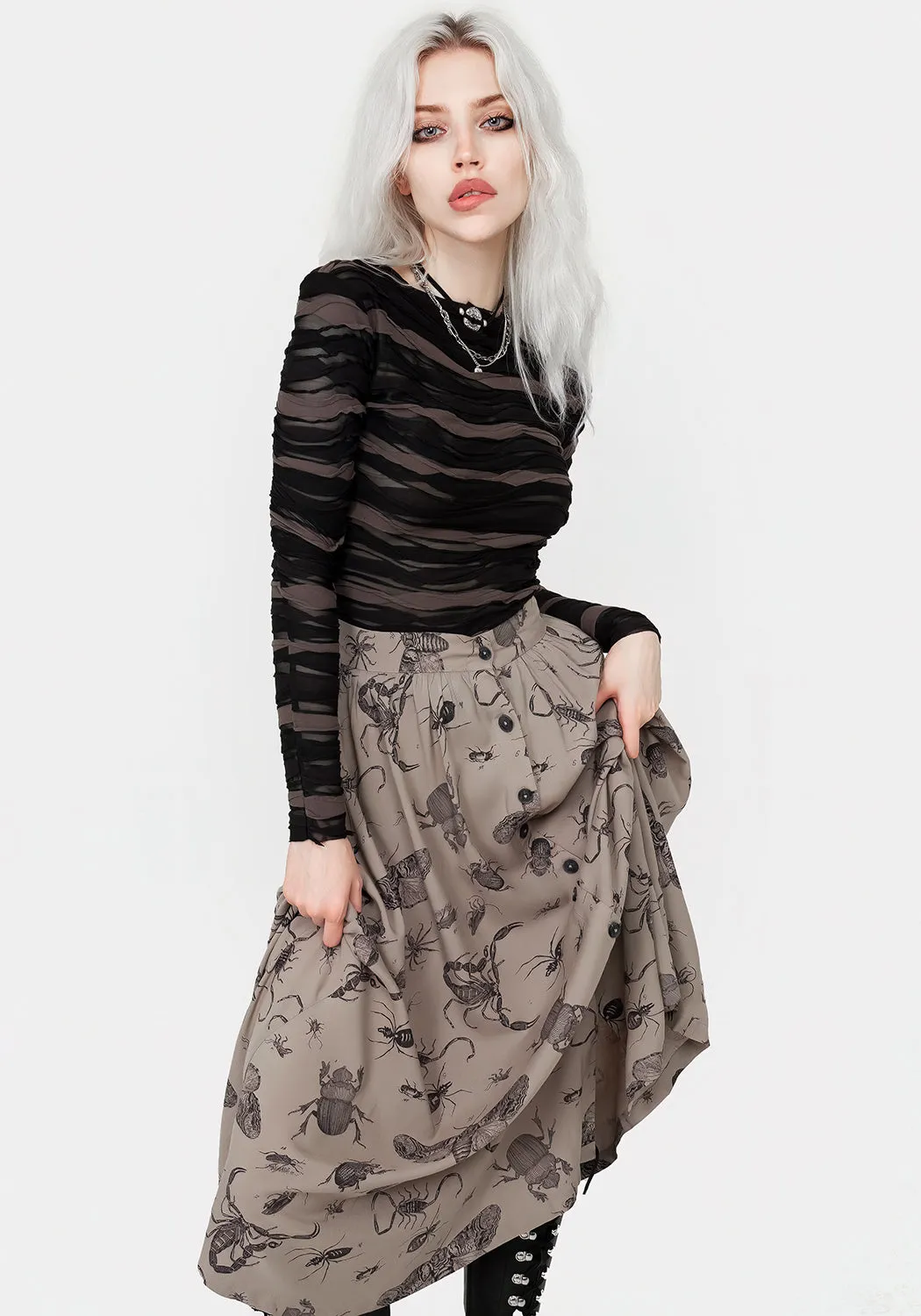 Parasite Bugs Print Button Down Midi Skirt - Taupe