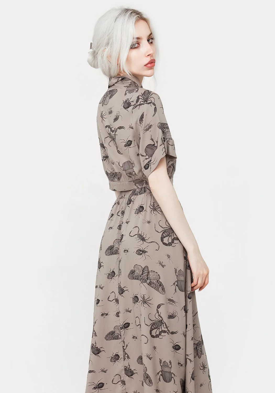 Parasite Bugs Print Button Down Midi Skirt - Taupe