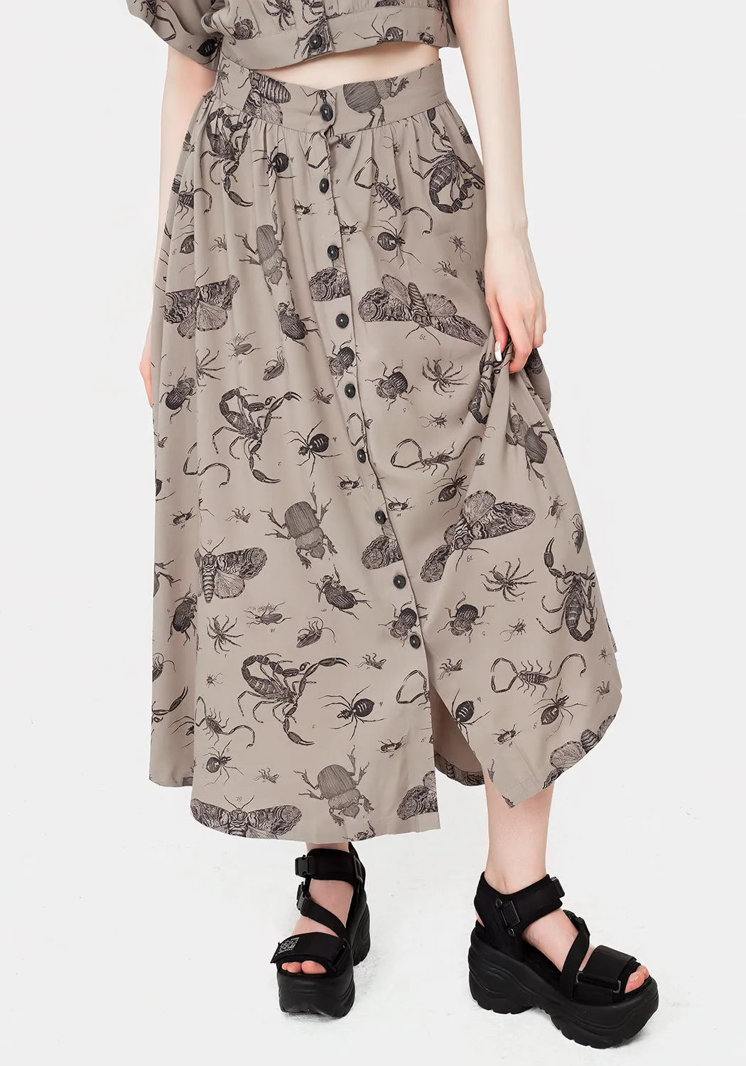 Parasite Bugs Print Button Down Midi Skirt - Taupe