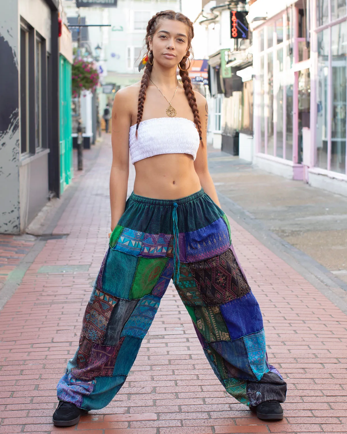 Patchwork Baggy Harem Pants Blue Unisex