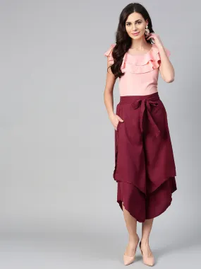 Peach Sleeveless Top & Burgundy Layered Trouser Set (Sku-BLMG7819)