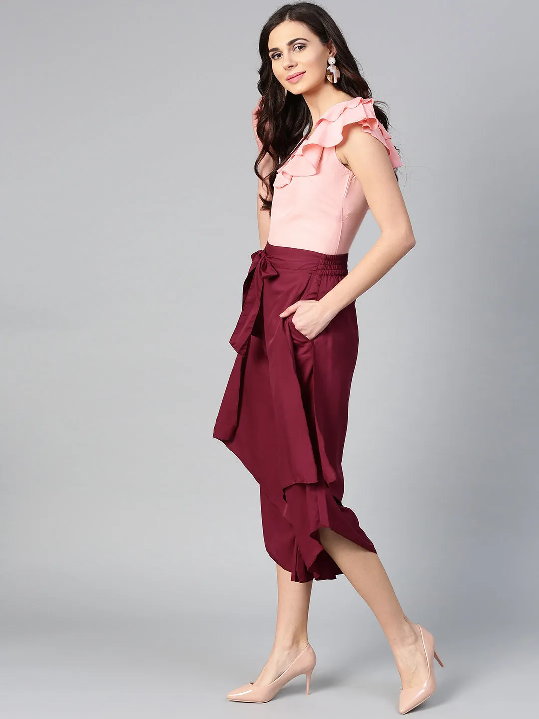 Peach Sleeveless Top & Burgundy Layered Trouser Set (Sku-BLMG7819)