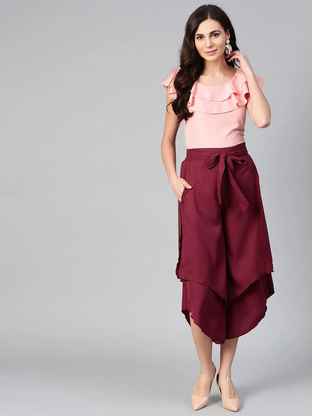 Peach Sleeveless Top & Burgundy Layered Trouser Set (Sku-BLMG7819)