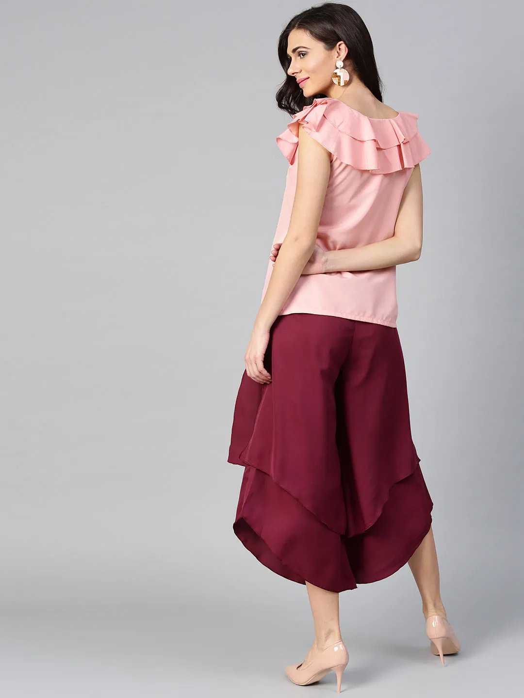 Peach Sleeveless Top & Burgundy Layered Trouser Set (Sku-BLMG7819)