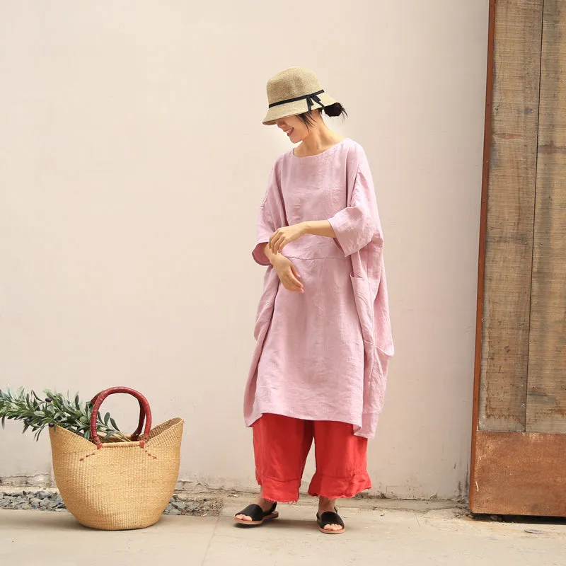 Pink Loose Linen Cotton Blouse Casual Summer Oversized Women Dresses Z97298