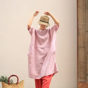 Pink Loose Linen Cotton Blouse Casual Summer Oversized Women Dresses Z97298