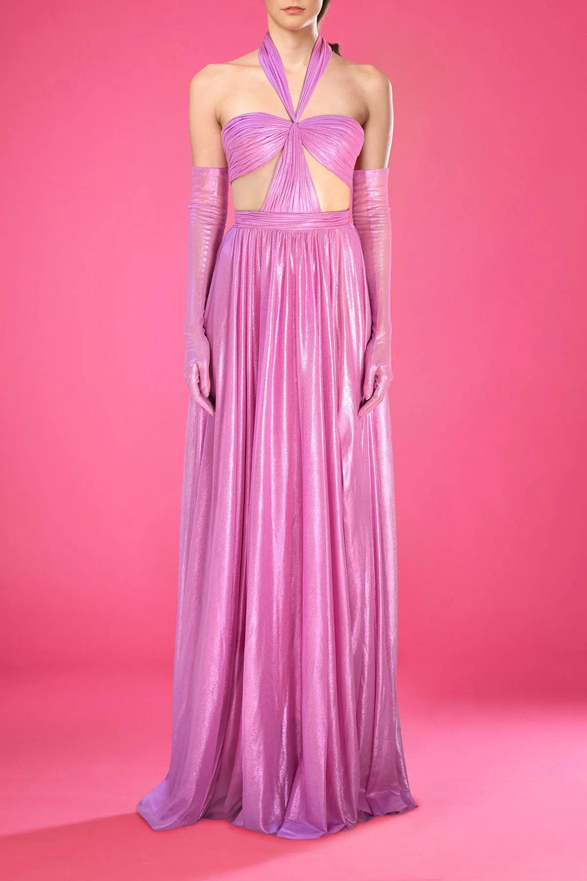 Pink silk foiled tulle dress with cut-outs