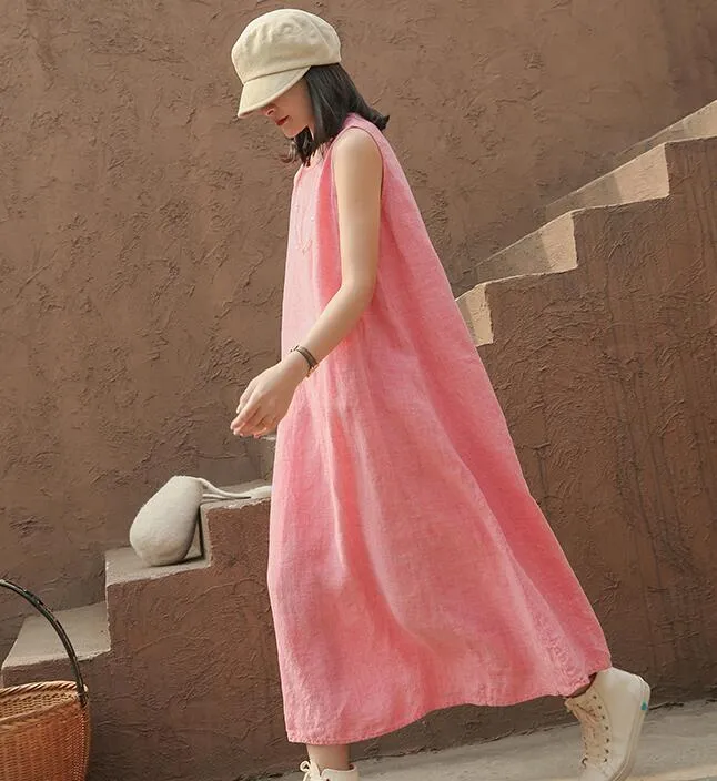 Pink Sleeveless Women Summer Linen Dresses Soft Washed Summer Long Women Dresses 57292