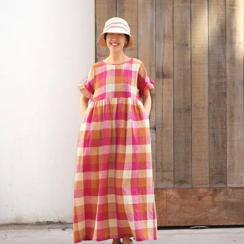 Plaid Casual Summer Dress Long Women Linen Loose Party Dresses Z97301