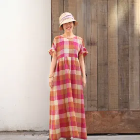 Plaid Casual Summer Dress Long Women Linen Loose Party Dresses Z97301