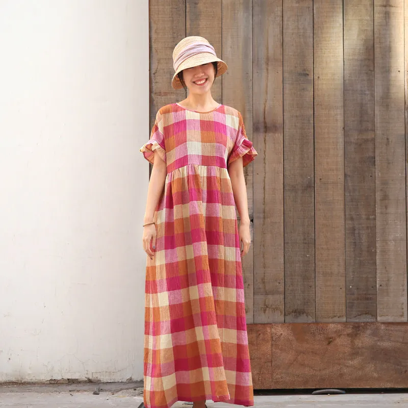 Plaid Casual Summer Dress Long Women Linen Loose Party Dresses Z97301