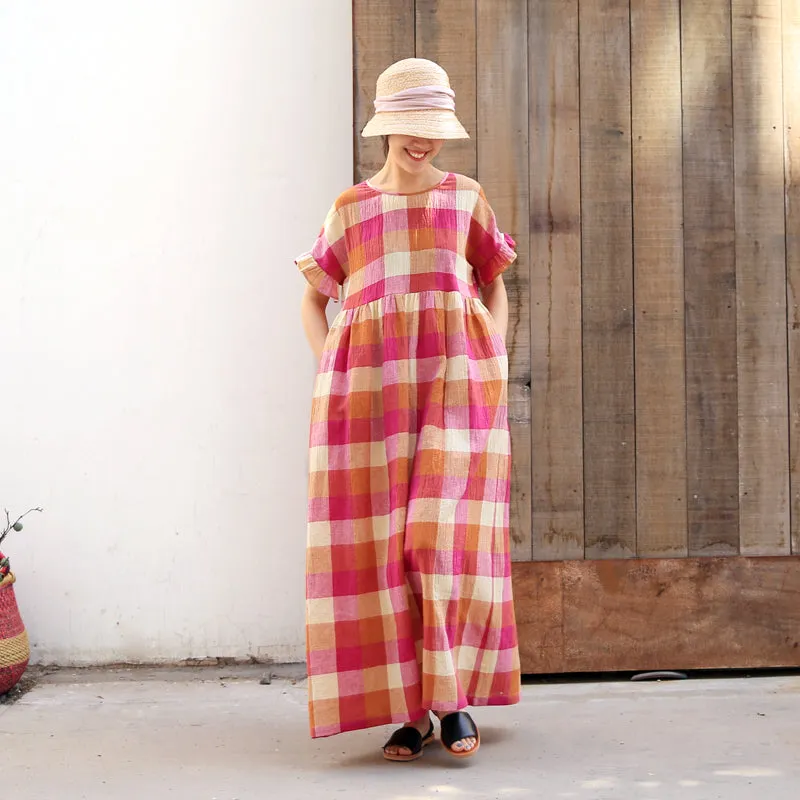 Plaid Casual Summer Dress Long Women Linen Loose Party Dresses Z97301