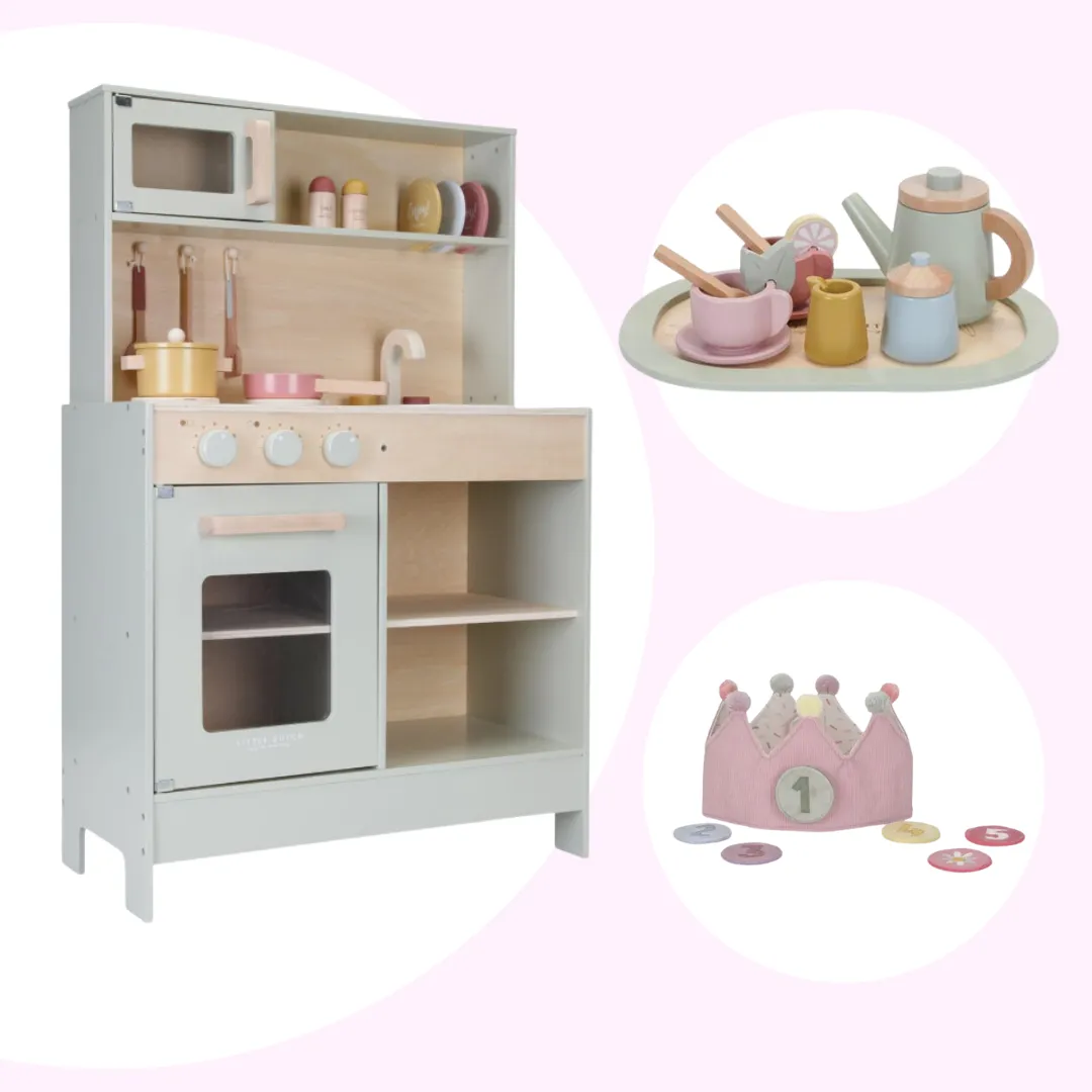 Play Kitchen, Tea Set and Crown Bundle - Pink