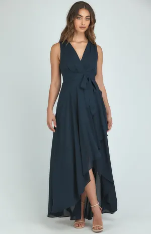 Pleated Front Detail Maxi Dress With Waterfall Hem