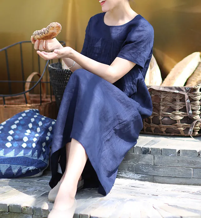 Pleated Linen Soft Washed Summer Linen Women Dresses Short Sleeve 7292