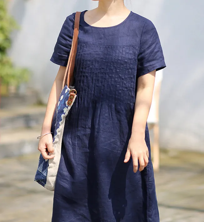 Pleated Linen Soft Washed Summer Linen Women Dresses Short Sleeve 7292