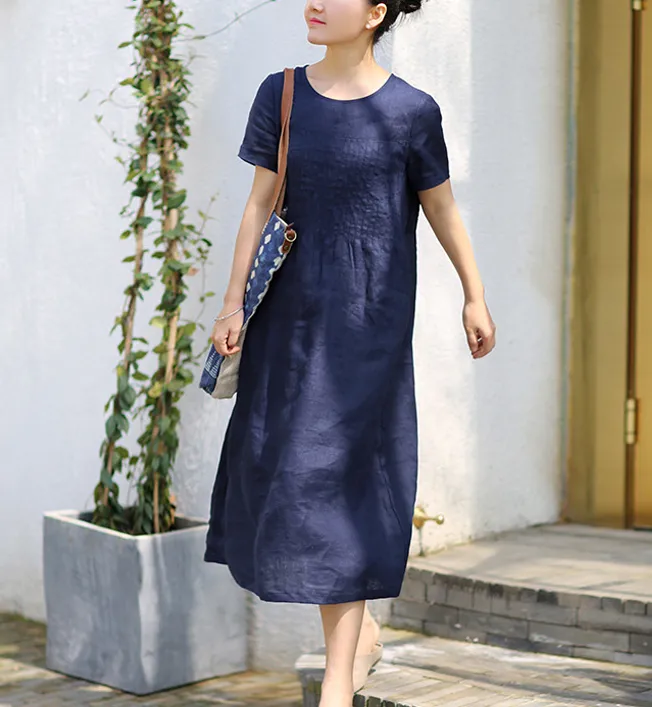 Pleated Linen Soft Washed Summer Linen Women Dresses Short Sleeve 7292