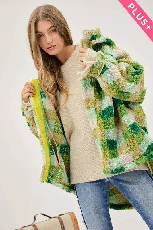 Plus Kelly Green Plaid Hooded Jacket