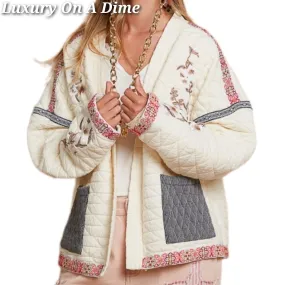 POL Quilted Granny Floral Embroidered Patchwork Oversized Pocket Bohemian Jacket