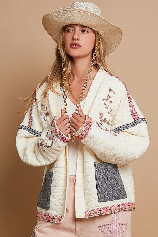 POL Quilted Granny Floral Embroidered Patchwork Oversized Pocket Bohemian Jacket