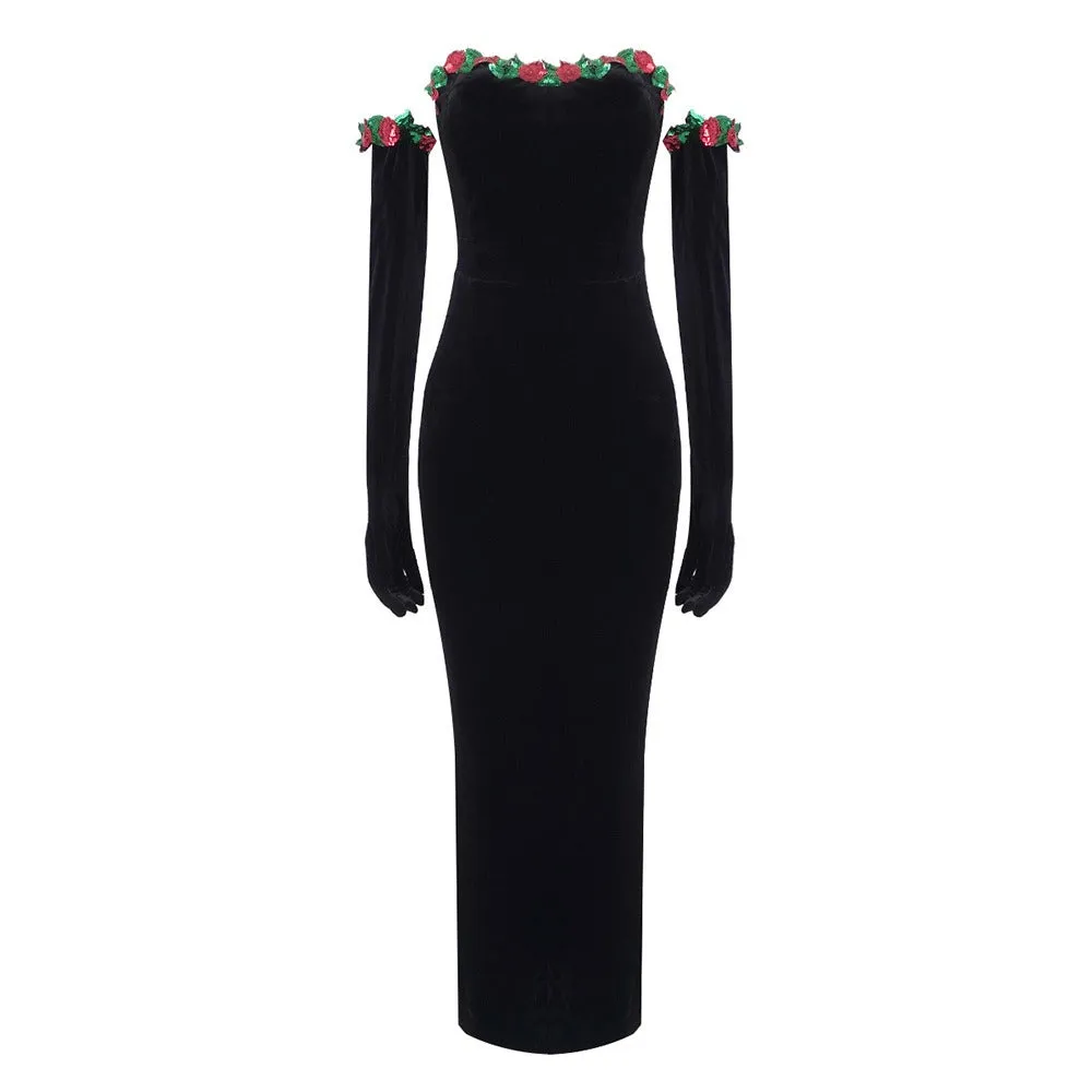 Pre Order:  Colored Sequins Velvet Dress With Gloves