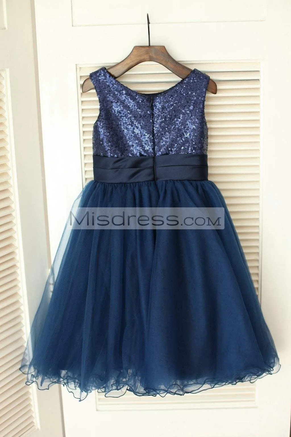 Princess Navy Blue Sequin Tulle Wedding Flower Girl Dress, Curly Hem