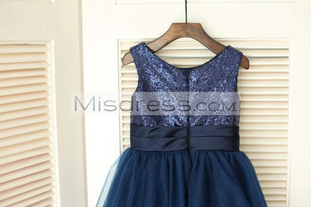 Princess Navy Blue Sequin Tulle Wedding Flower Girl Dress, Curly Hem