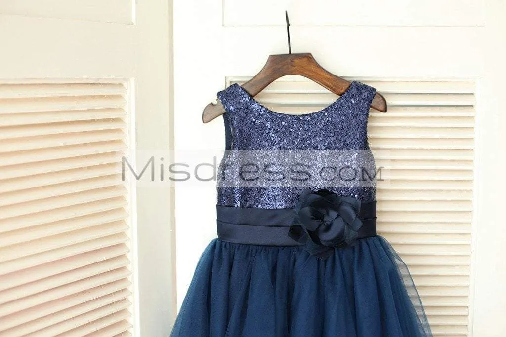 Princess Navy Blue Sequin Tulle Wedding Flower Girl Dress, Curly Hem