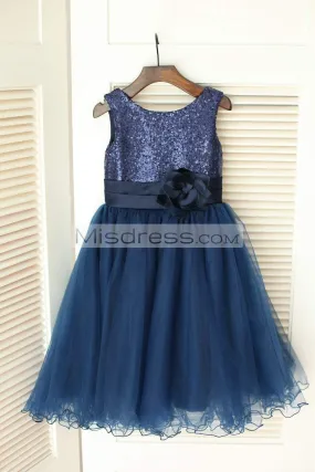 Princess Navy Blue Sequin Tulle Wedding Flower Girl Dress, Curly Hem